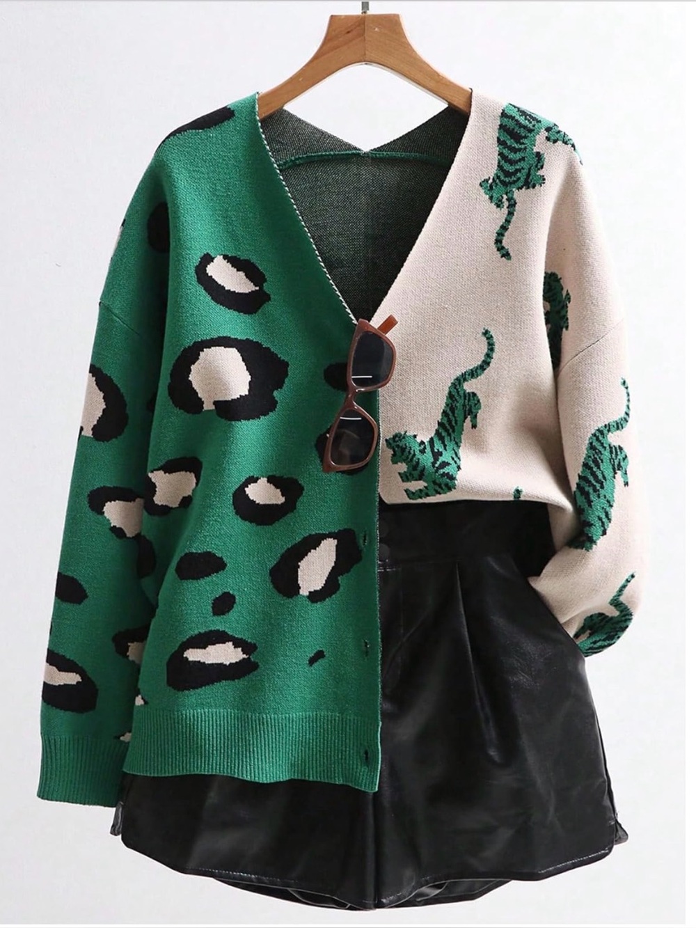Green and Cream Animal-Print Button Cardigan Large